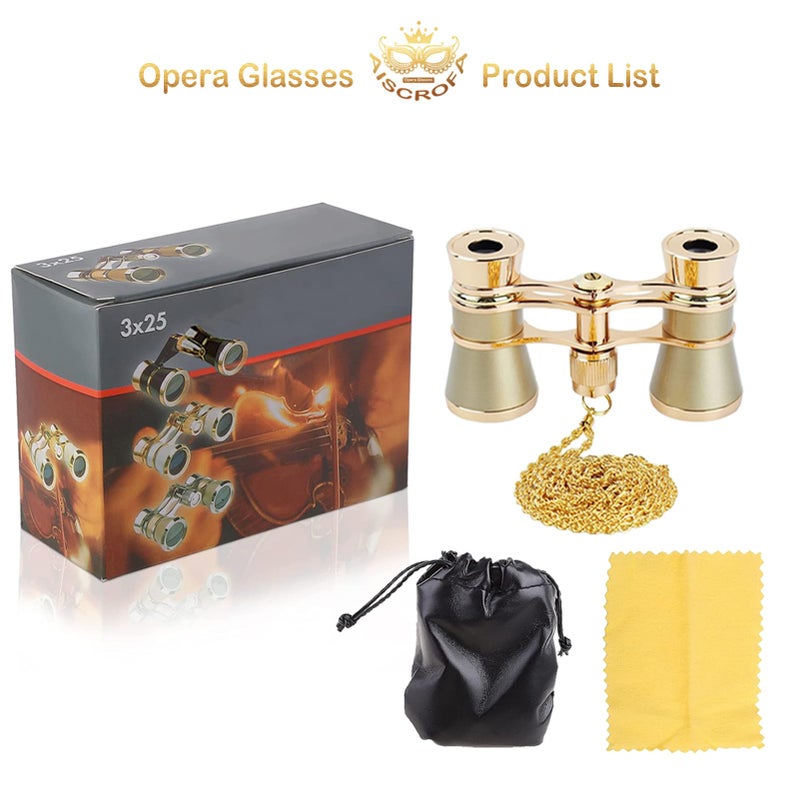 AiScrofa Opera Glasses Binoculars 3X25,Mini Binocular Compact Lightweight,with Chain for Adults Kids Women in Musical Concert (Gold with Chain) - Image 5